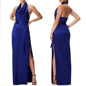 NEW Aidan Mattox Royal Blue Satin Cowl Neck Halter Slit Column Gown Size 0